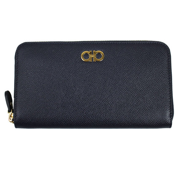 Ferragamo Double Leather Long Wallet Zip Navy Blue - Picture 1 of 4